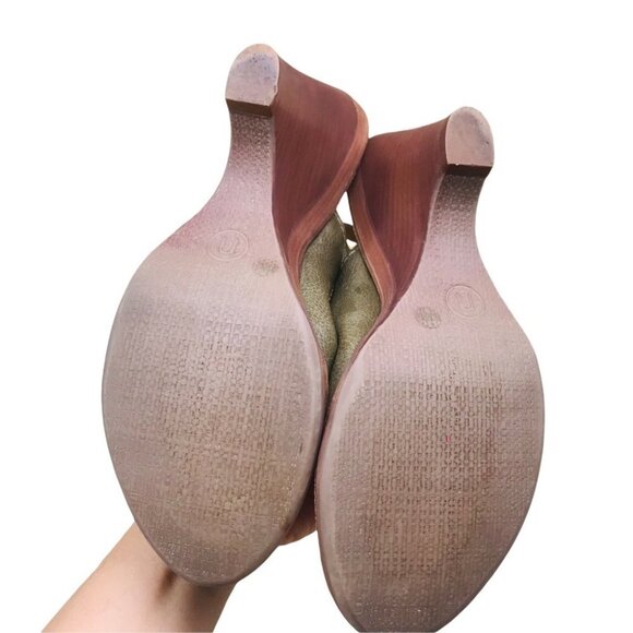 Nicole Lotus Peep Toe Leather Olive wedge Sandals Women size 9.5 - Picture 14 of 15